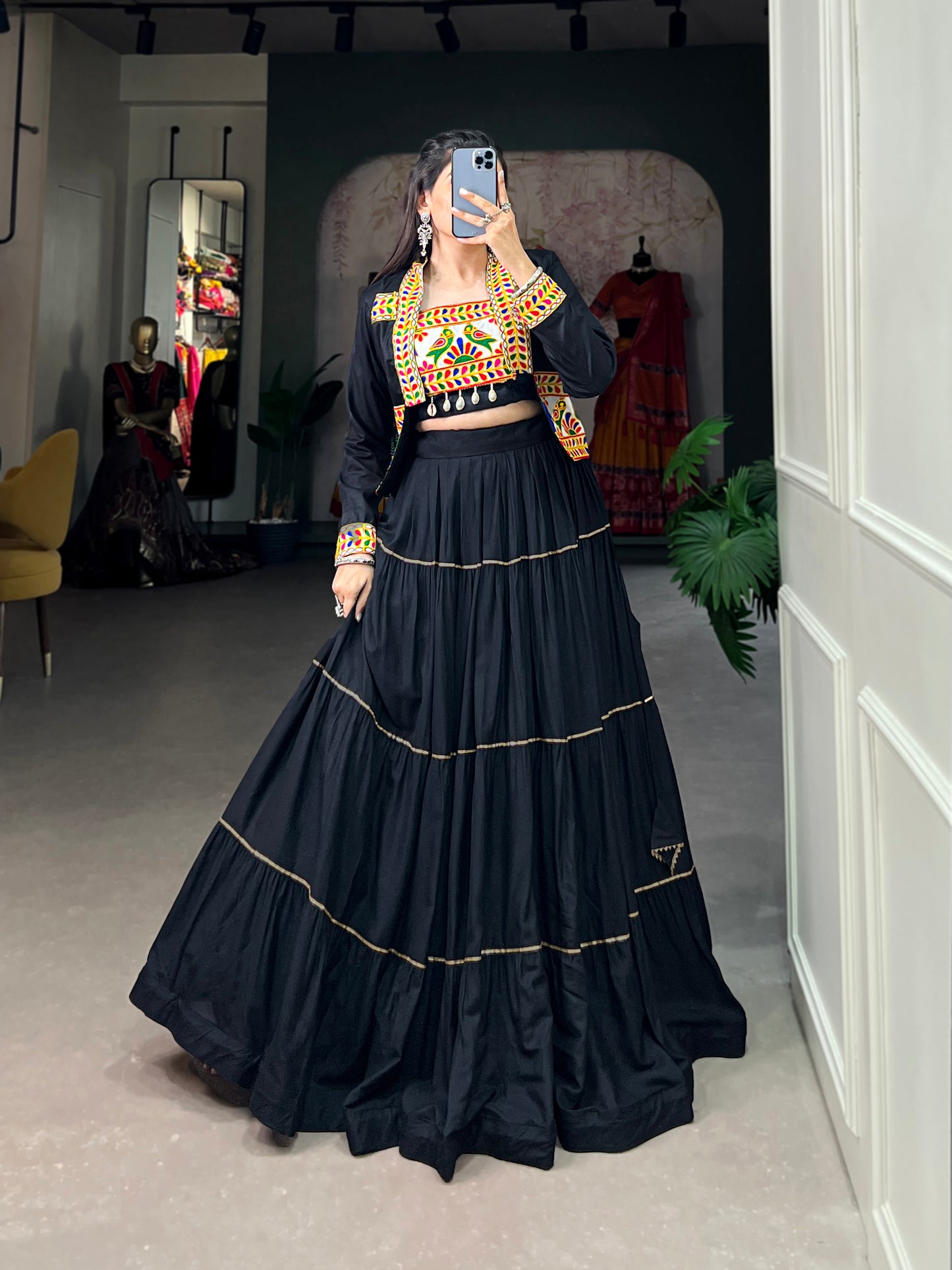 Elevate Your Navratri Style with our Exquisite Plain Pure Rayon Lehenga and Intricately Embroidered Gamthi Work Koti