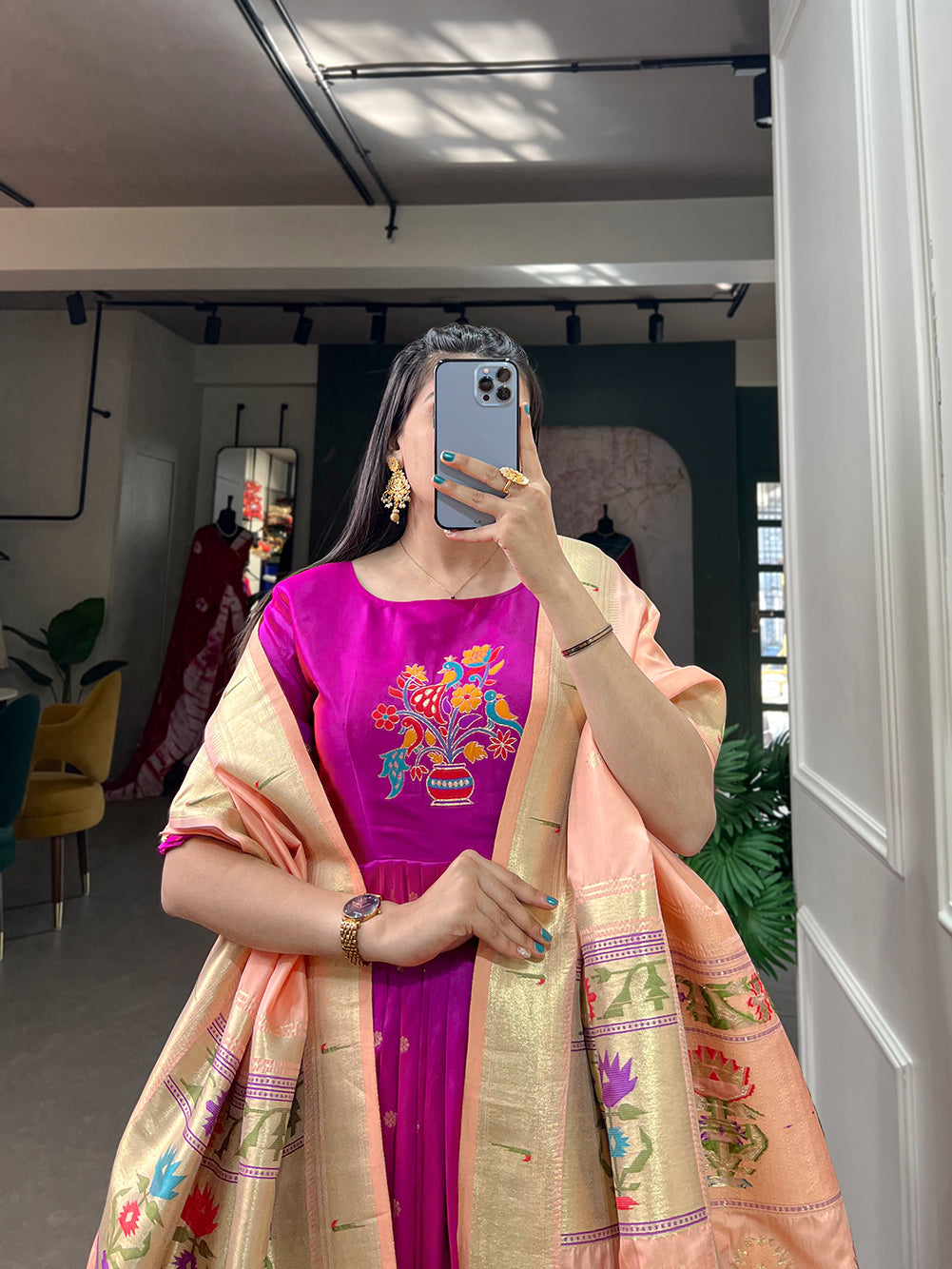 Woven with threads of tradition and dreams, the Jacquard silk Paithani dress embodies timeless elegance