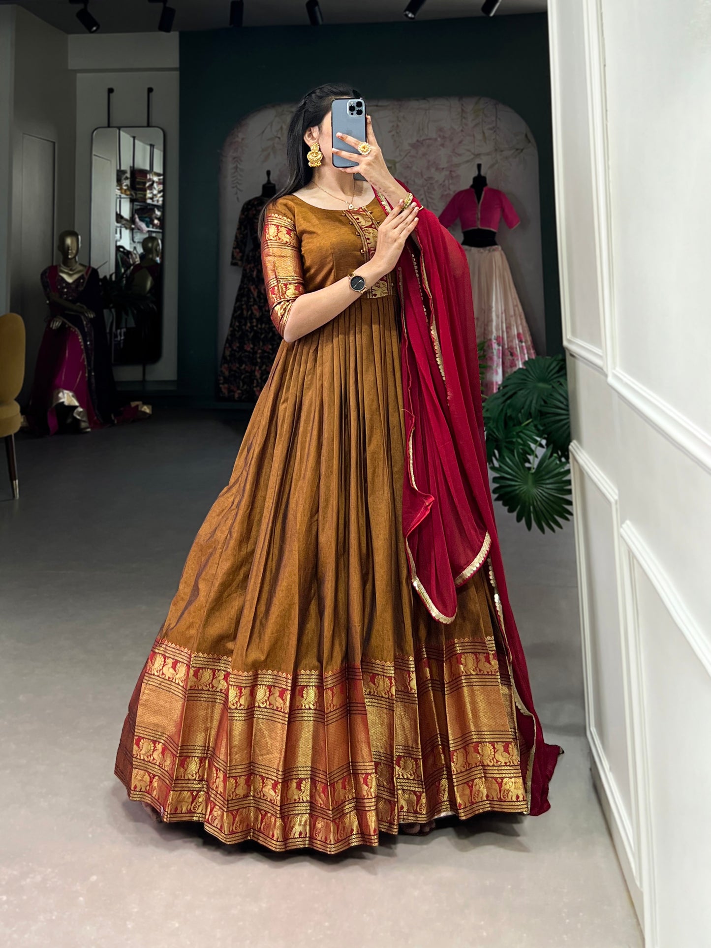 Have your self this traditional narayanpet gown to give your function more ethnic vibe