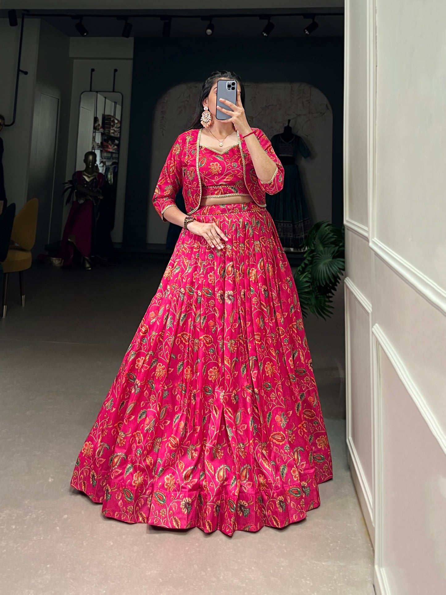 Embrace tradition with a touch of elegance in this Tussar silk Floral Print Wedding Lehenga