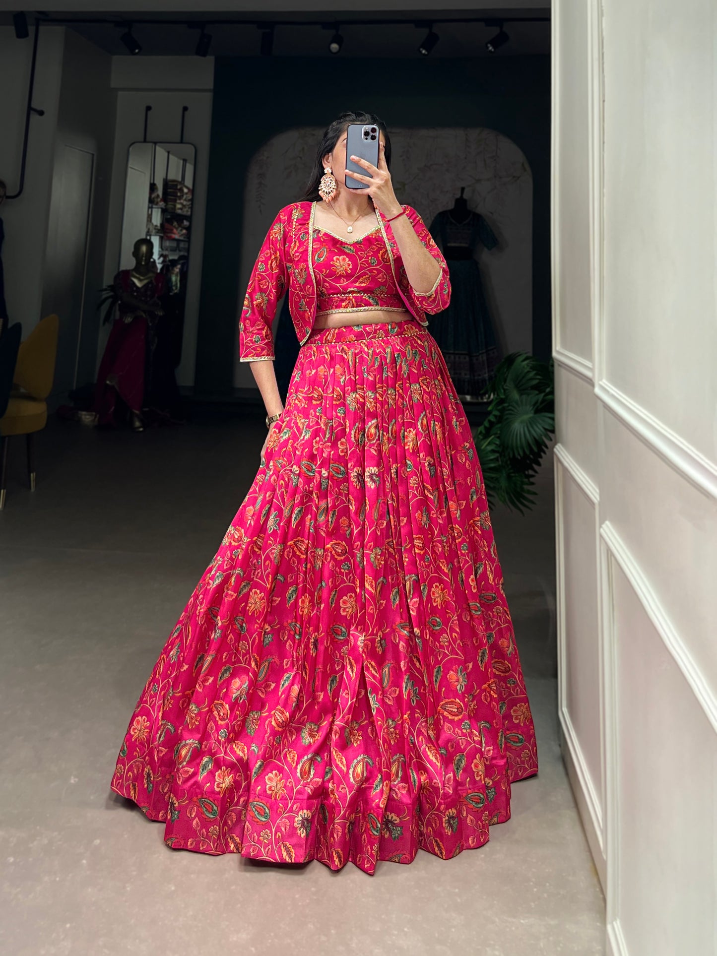 Embrace tradition with a touch of elegance in this Tussar silk Floral Print Wedding Lehenga