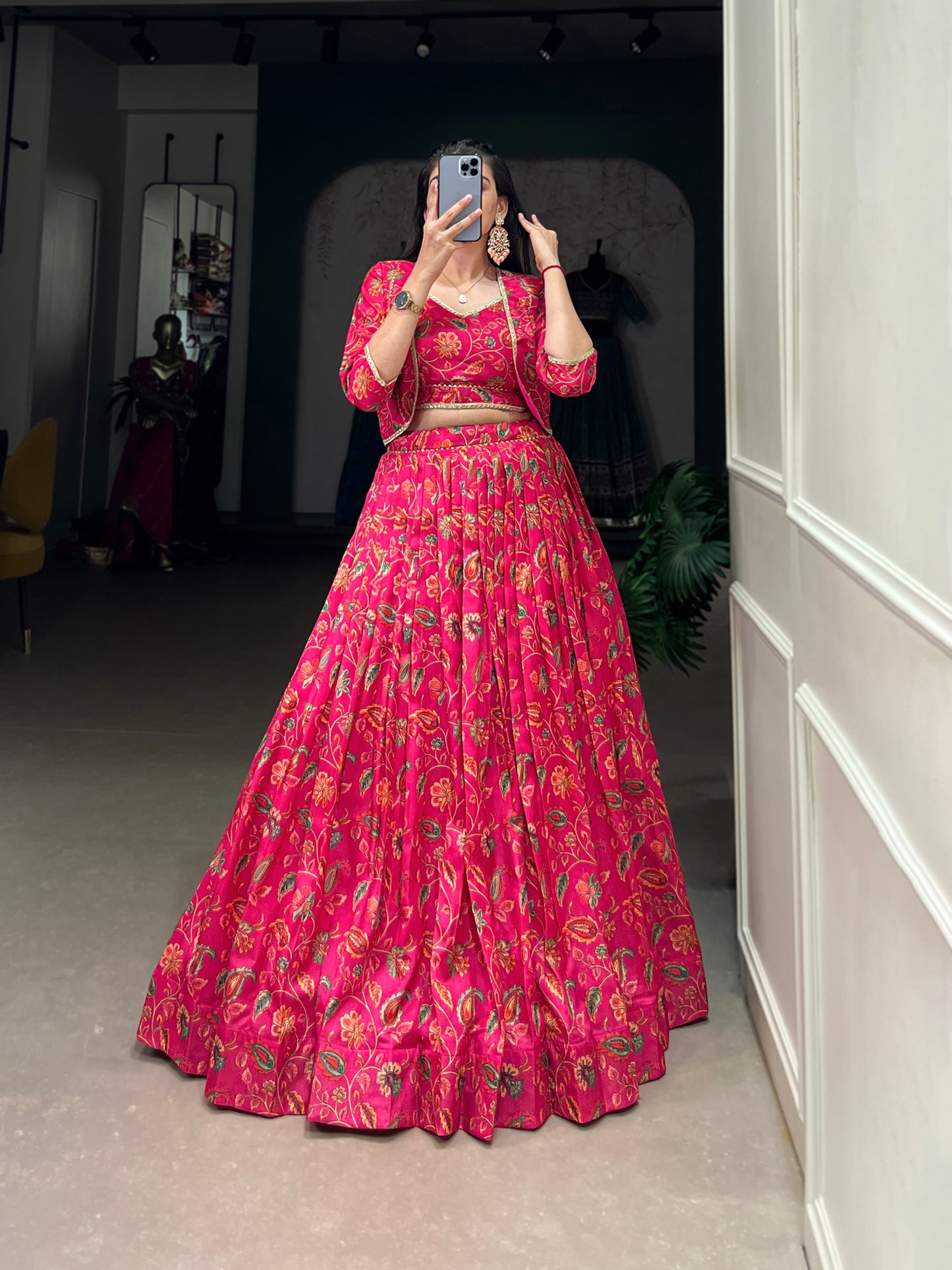 Embrace tradition with a touch of elegance in this Tussar silk Floral Print Wedding Lehenga