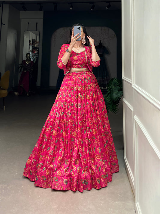 Embrace tradition with a touch of elegance in this Tussar silk Floral Print Wedding Lehenga