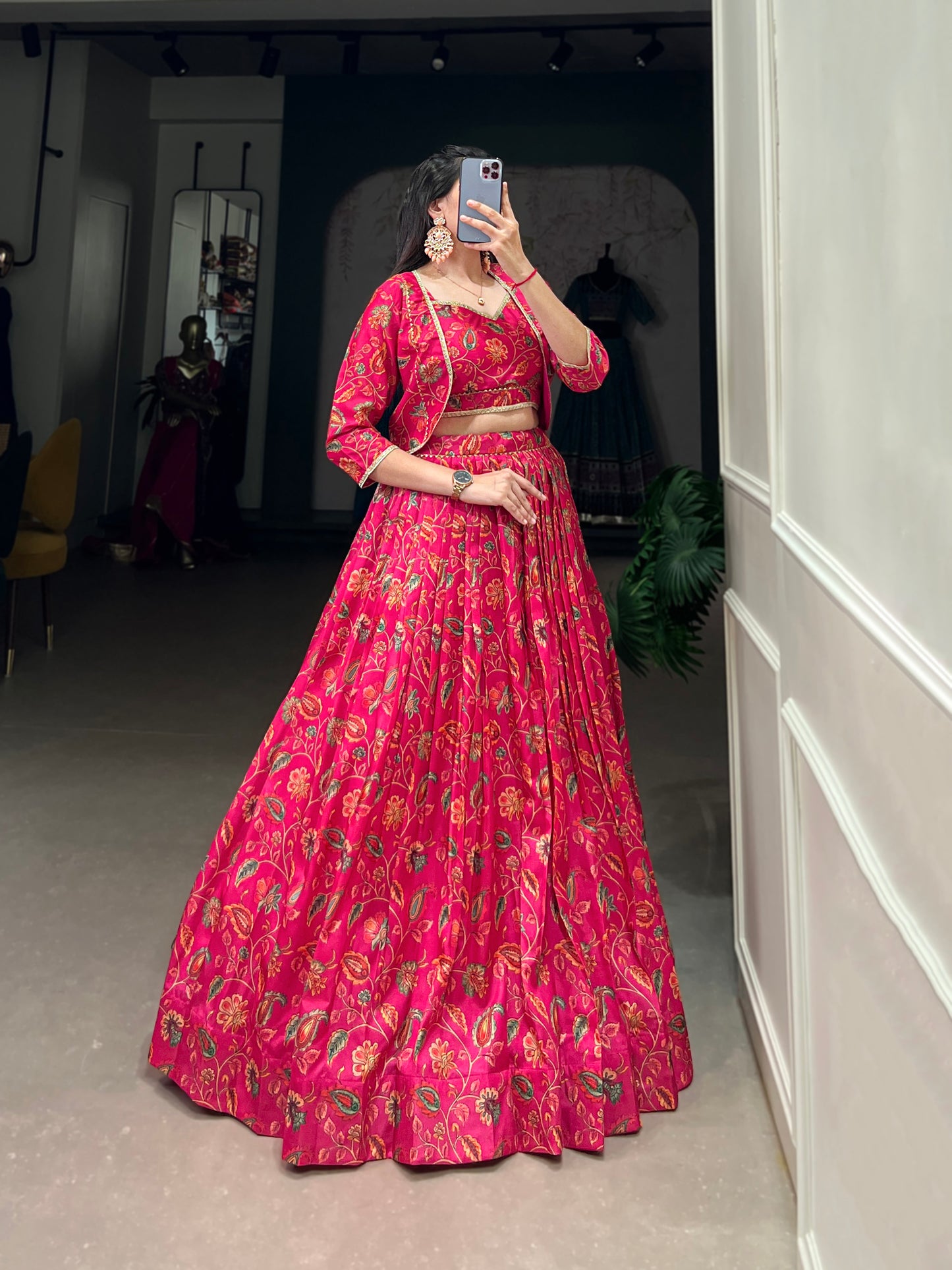 Embrace tradition with a touch of elegance in this Tussar silk Floral Print Wedding Lehenga