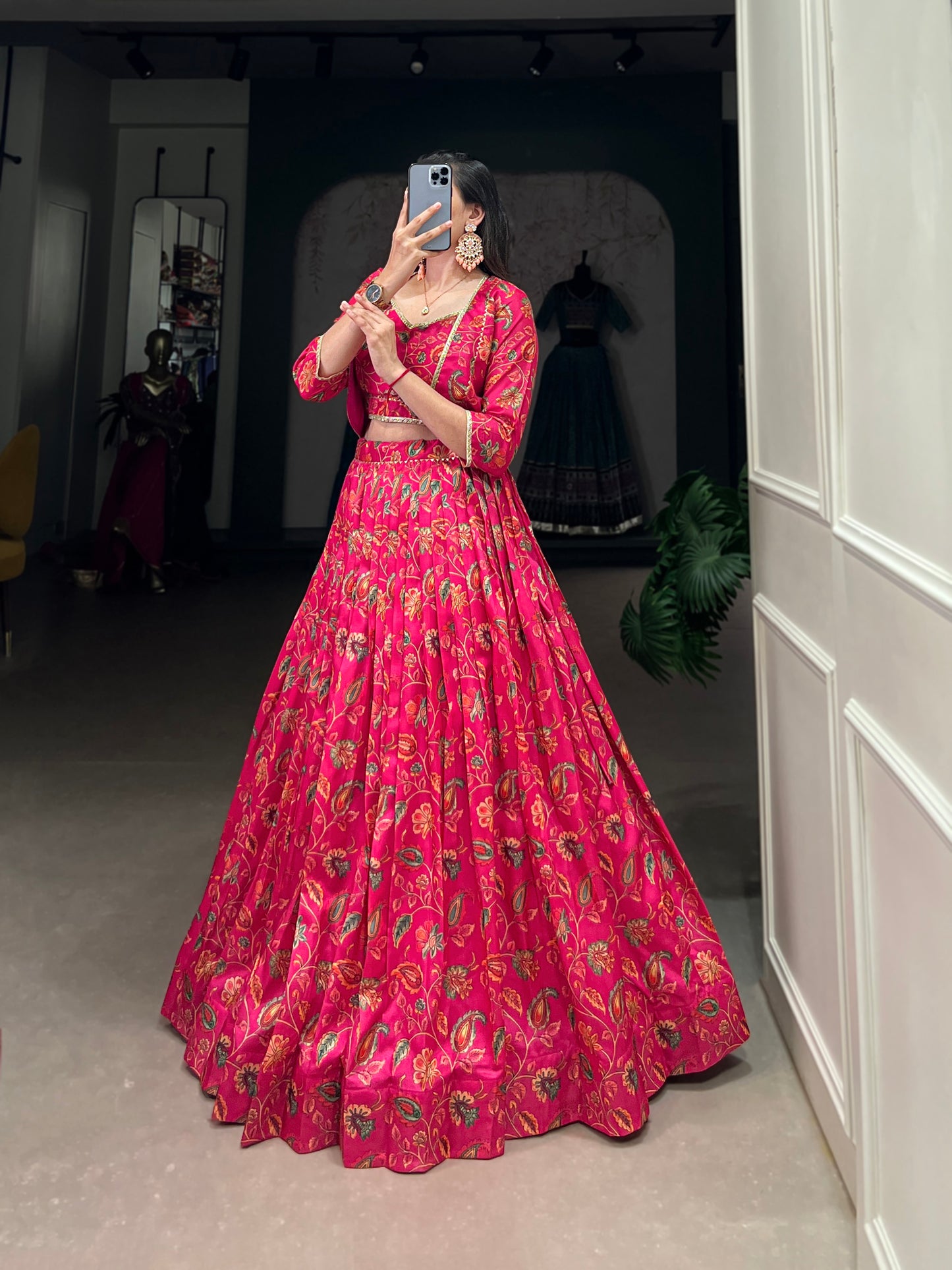 Embrace tradition with a touch of elegance in this Tussar silk Floral Print Wedding Lehenga