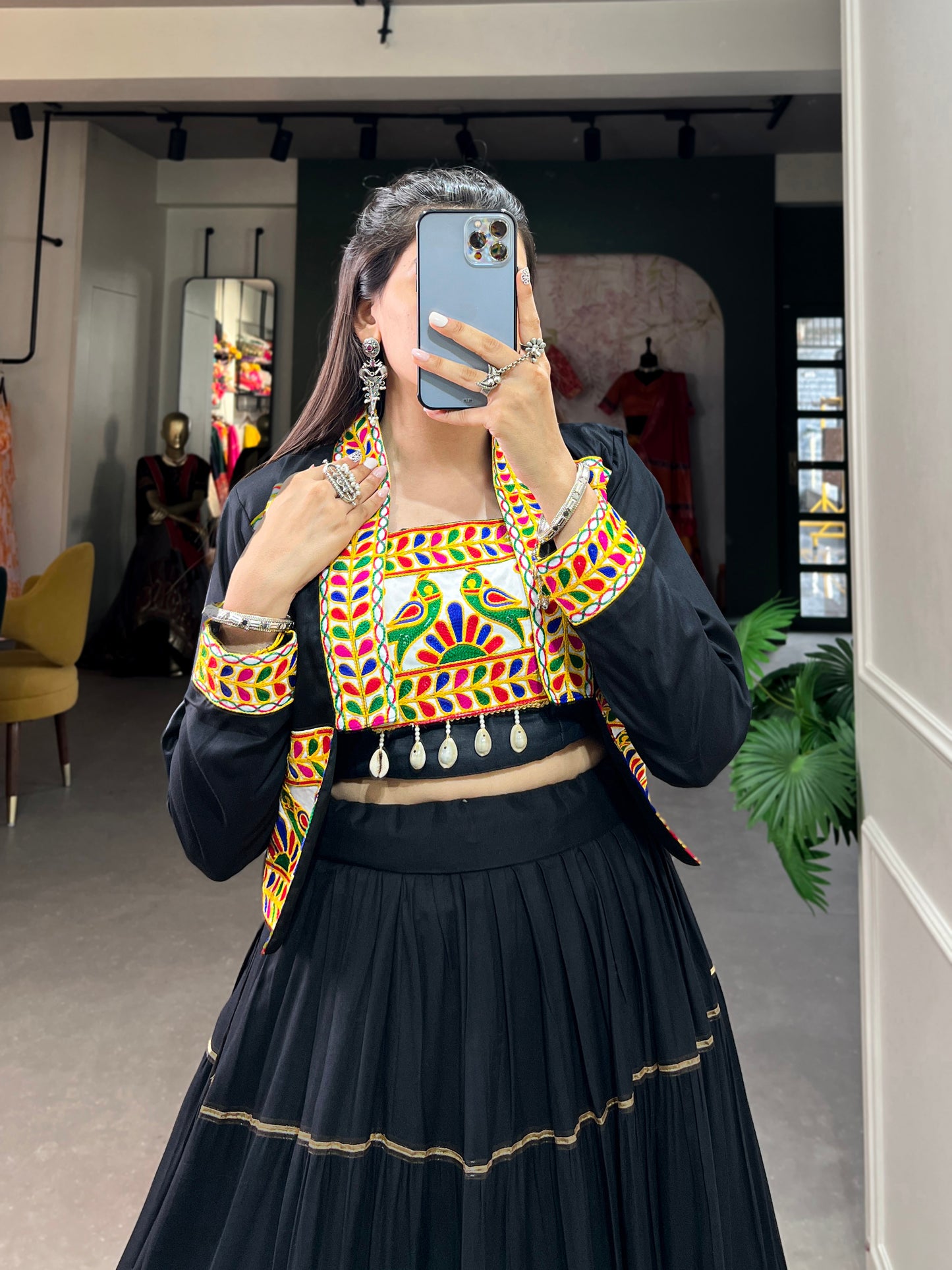 Elevate Your Navratri Style with our Exquisite Plain Pure Rayon Lehenga and Intricately Embroidered Gamthi Work Koti