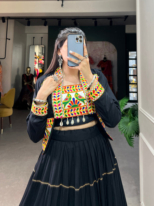 Elevate Your Navratri Style with our Exquisite Plain Pure Rayon Lehenga and Intricately Embroidered Gamthi Work Koti