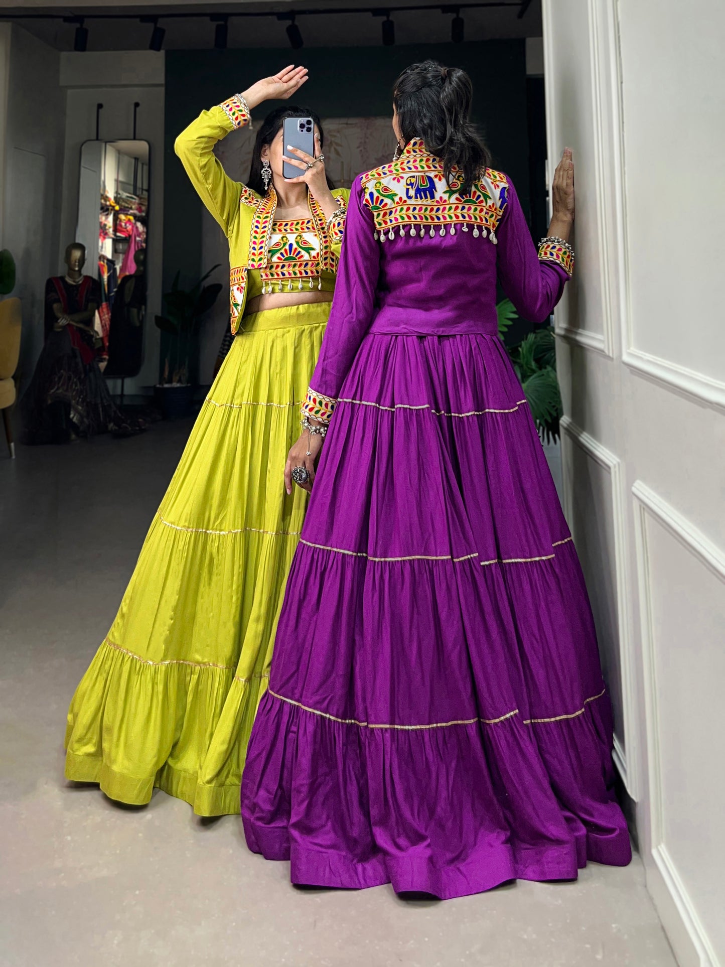 Elevate Your Navratri Style with our Exquisite Plain Pure Rayon Lehenga and Intricately Embroidered Gamthi Work Koti