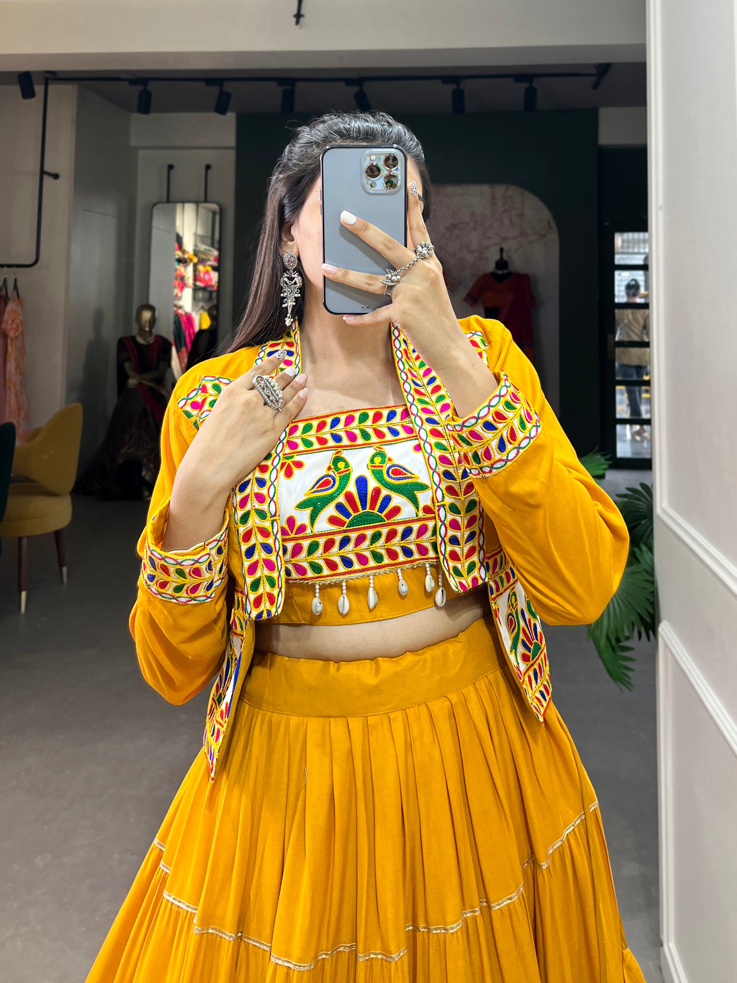 Elevate Your Navratri Style with our Exquisite Plain Pure Rayon Lehenga and Intricately Embroidered Gamthi Work Koti