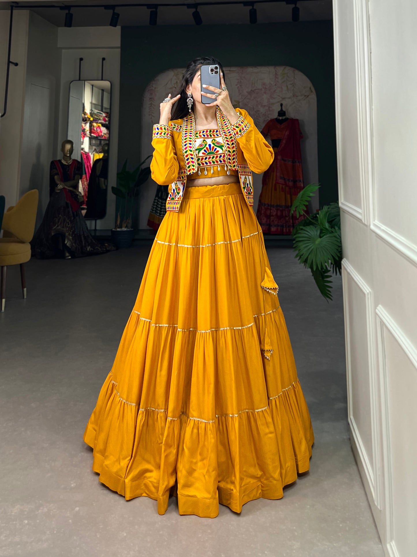 Elevate Your Navratri Style with our Exquisite Plain Pure Rayon Lehenga and Intricately Embroidered Gamthi Work Koti