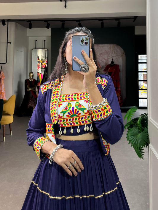 Elevate Your Navratri Style with our Exquisite Plain Pure Rayon Lehenga and Intricately Embroidered Gamthi Work Koti