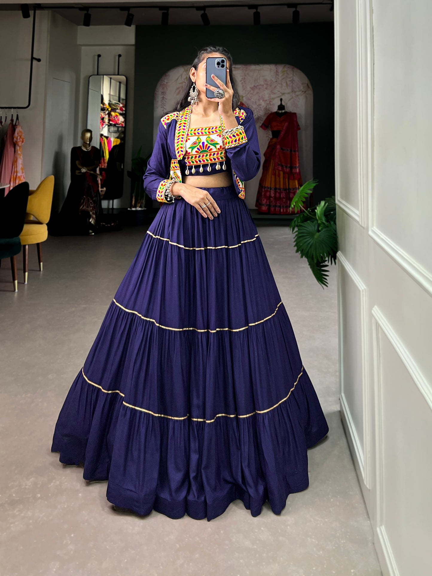 Elevate Your Navratri Style with our Exquisite Plain Pure Rayon Lehenga and Intricately Embroidered Gamthi Work Koti