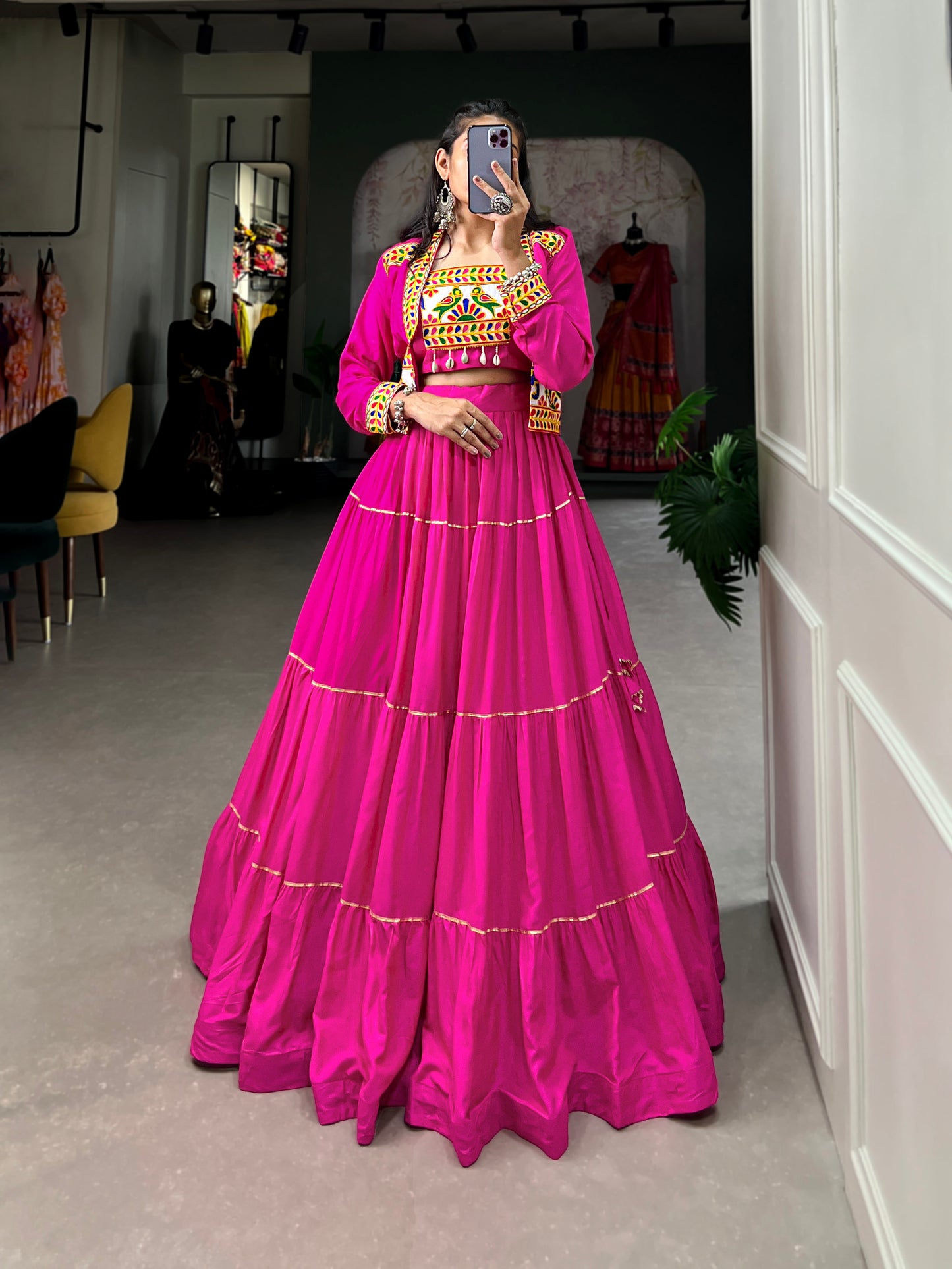 Elevate Your Navratri Style with our Exquisite Plain Pure Rayon Lehenga and Intricately Embroidered Gamthi Work Koti