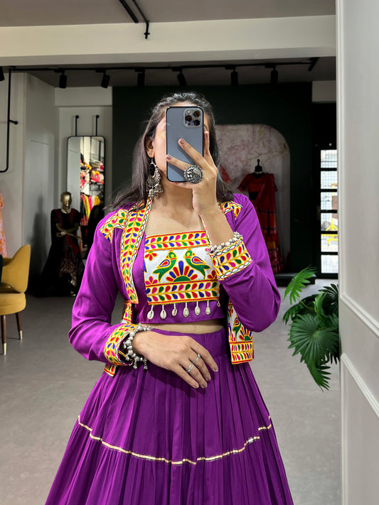 Elevate Your Navratri Style with our Exquisite Plain Pure Rayon Lehenga and Intricately Embroidered Gamthi Work Koti