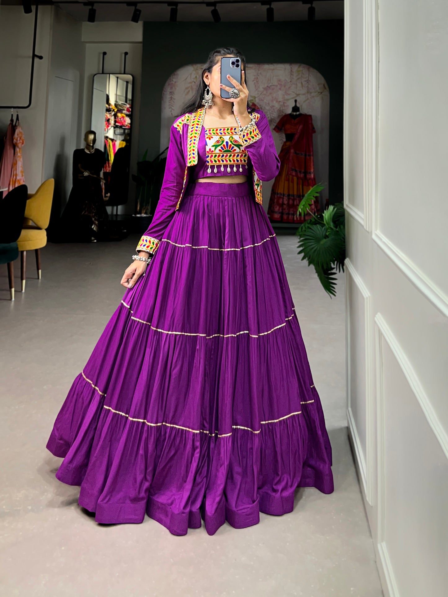 Elevate Your Navratri Style with our Exquisite Plain Pure Rayon Lehenga and Intricately Embroidered Gamthi Work Koti