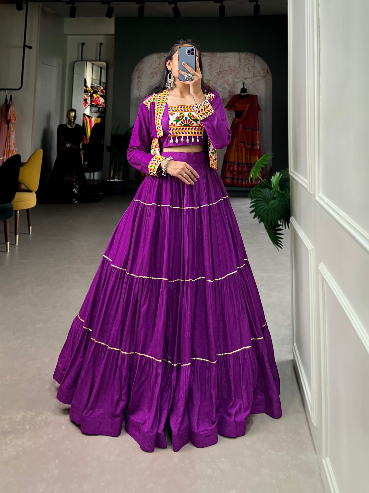 Elevate Your Navratri Style with our Exquisite Plain Pure Rayon Lehenga and Intricately Embroidered Gamthi Work Koti
