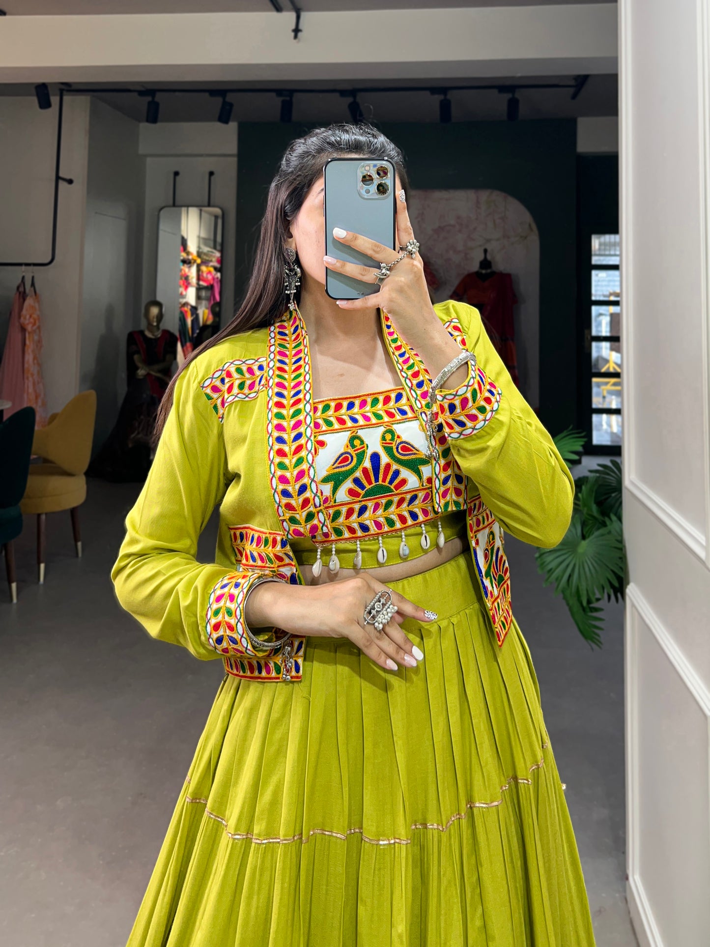 Elevate Your Navratri Style with our Exquisite Plain Pure Rayon Lehenga and Intricately Embroidered Gamthi Work Koti