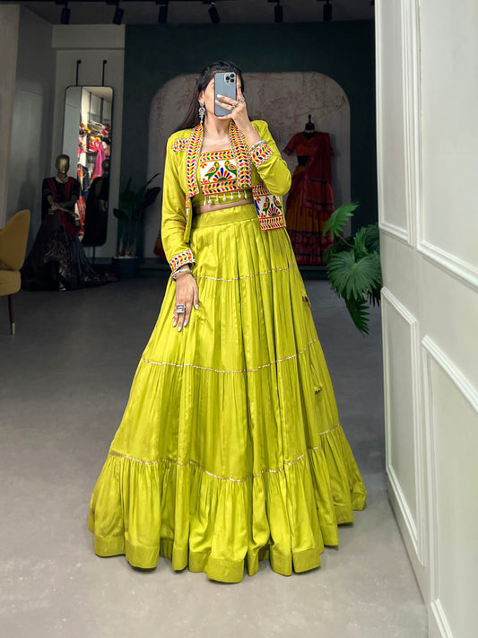 Elevate Your Navratri Style with our Exquisite Plain Pure Rayon Lehenga and Intricately Embroidered Gamthi Work Koti