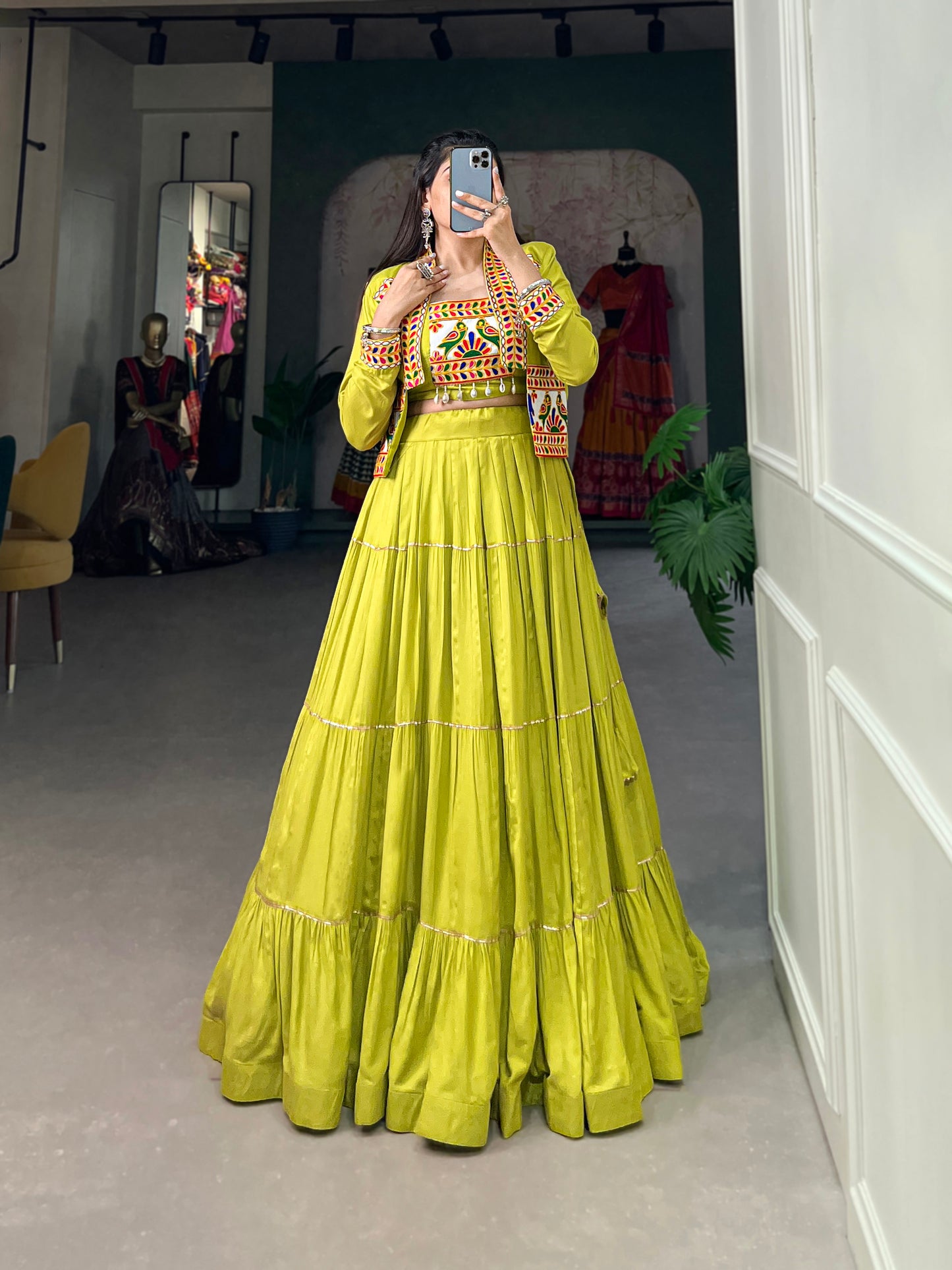 Elevate Your Navratri Style with our Exquisite Plain Pure Rayon Lehenga and Intricately Embroidered Gamthi Work Koti