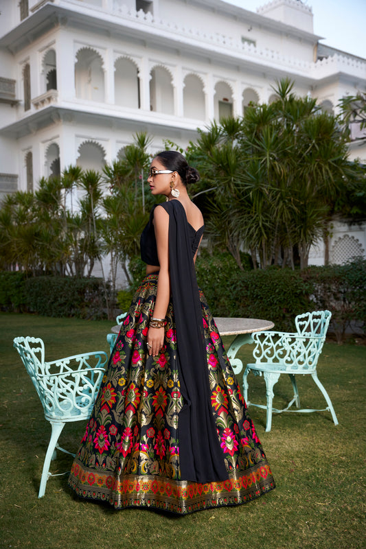 Step into with our best lehenga weaved perfectly and beautifully crafted with Banarasi design detailing. This look is perfect of all your shaadi season styles be it sangeet, pooja, kitty parties