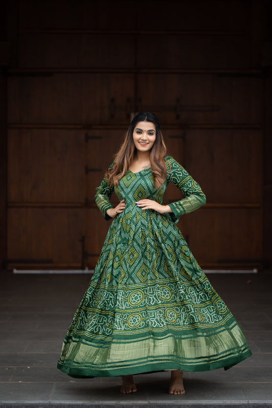Magnificent Green Bandhej Print Gown