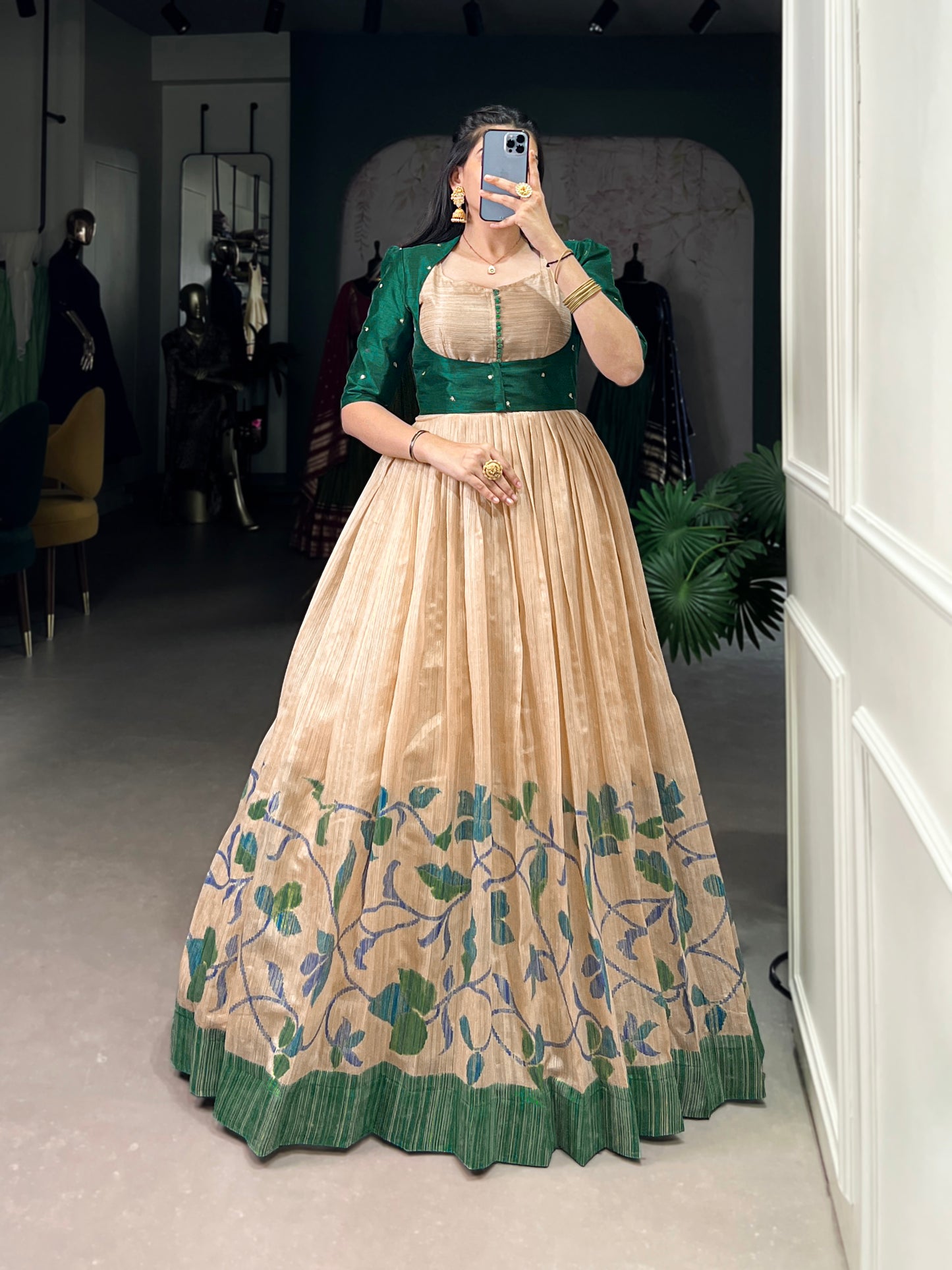 "Own the spotlight in this stunning silk gown paired with a statement Banglori jacket (Copy)