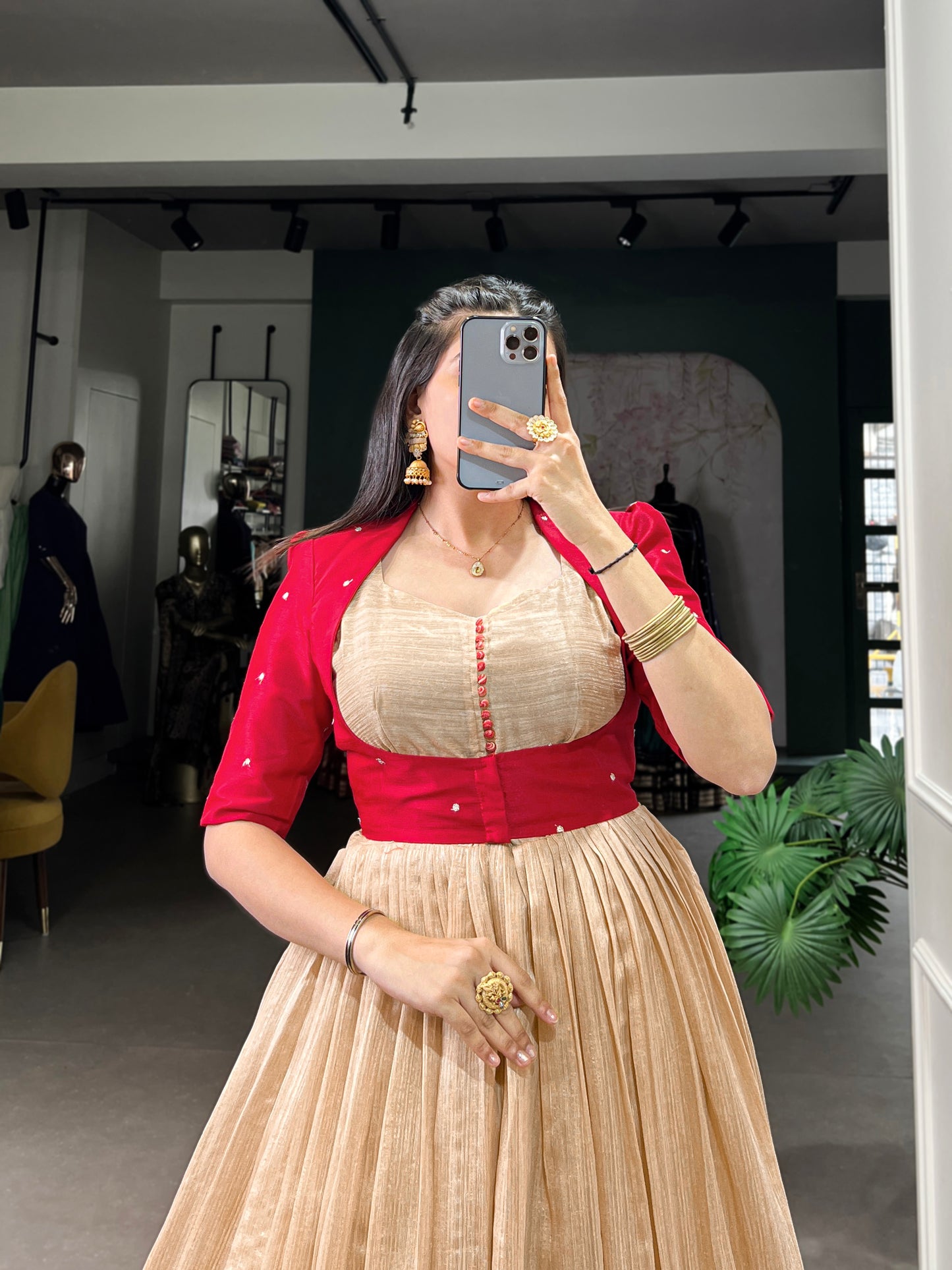 "Own the spotlight in this stunning silk gown paired with a statement Banglori jacket