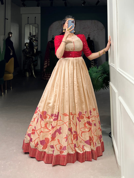 "Own the spotlight in this stunning silk gown paired with a statement Banglori jacket