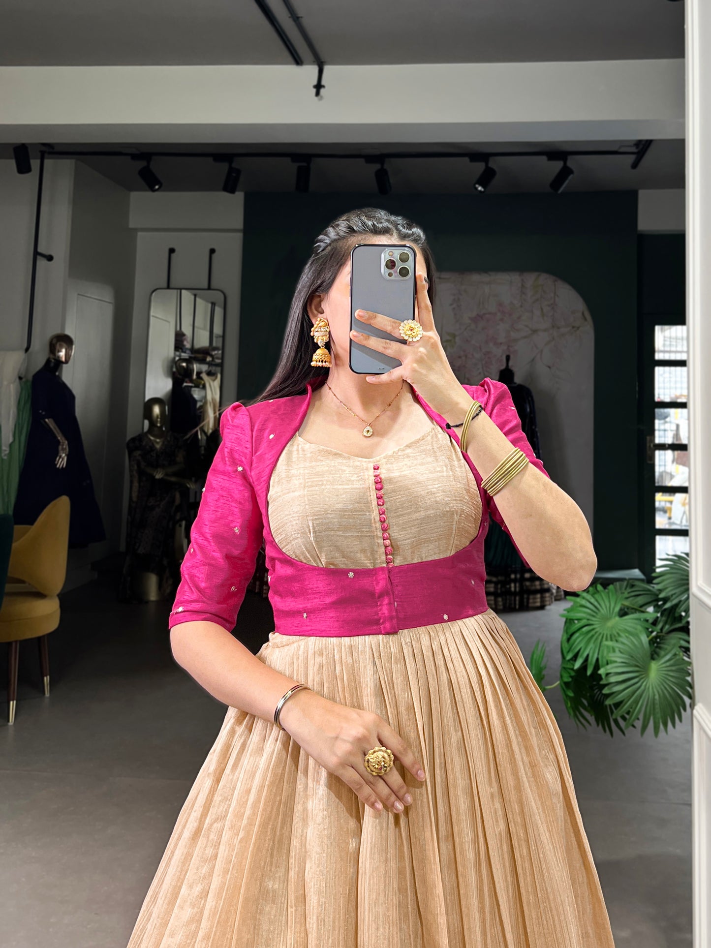 "Own the spotlight in this stunning silk gown paired with a statement Banglori jacket