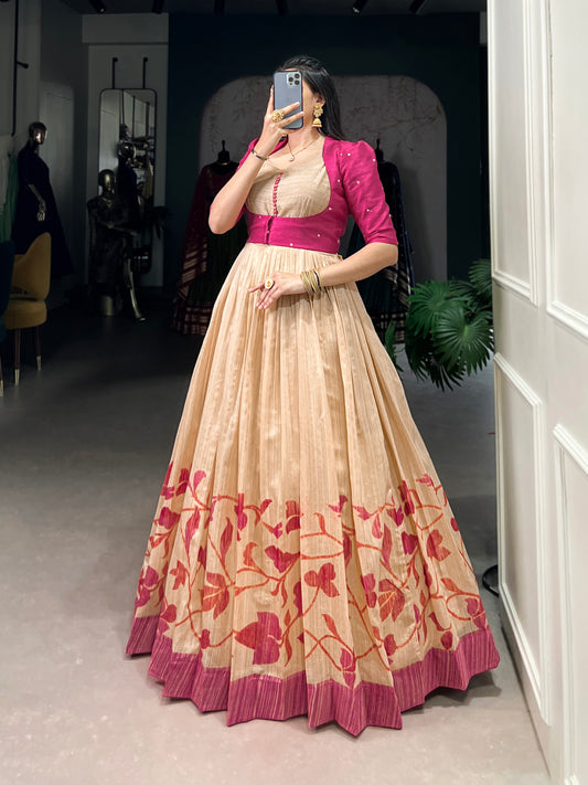 "Own the spotlight in this stunning silk gown paired with a statement Banglori jacket