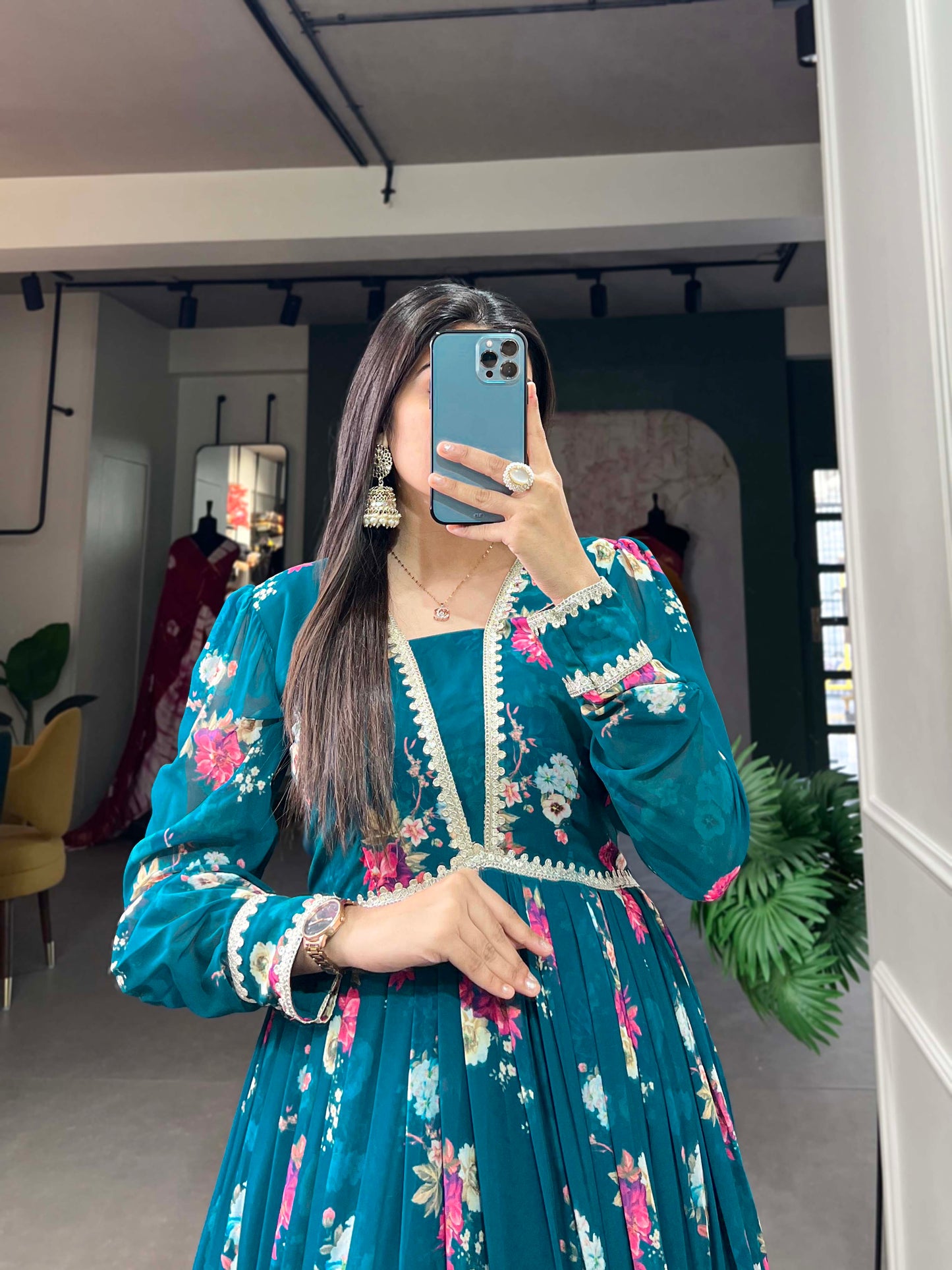 Elevate your Aura with our Exquisite Floral Print Georgette Gown