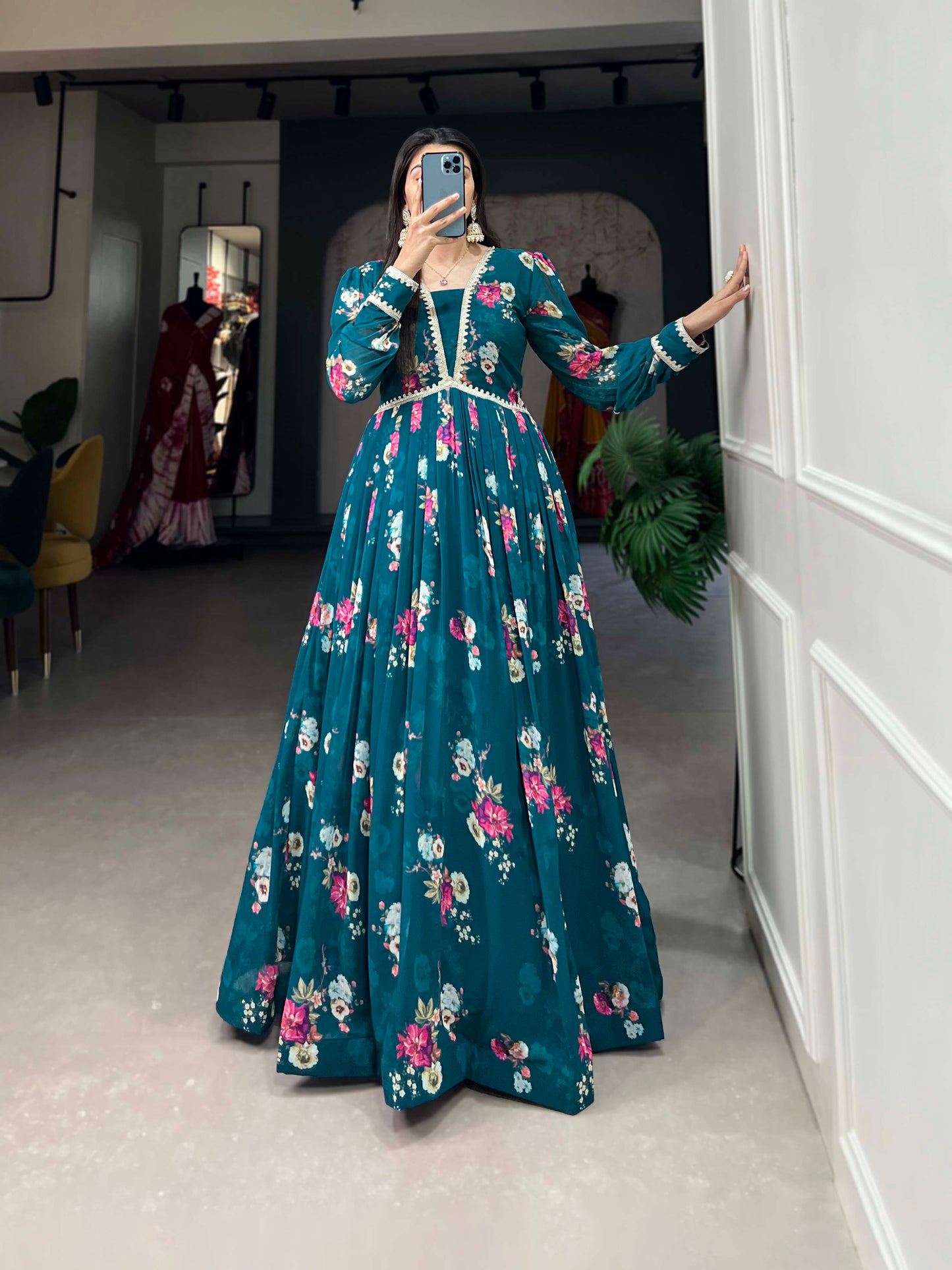 Elevate your Aura with our Exquisite Floral Print Georgette Gown