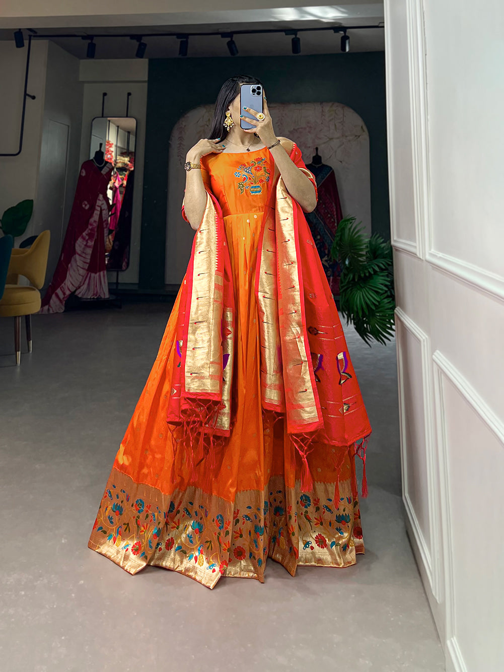 Woven with threads of tradition and dreams, the Jacquard silk Paithani dress embodies timeless elegance