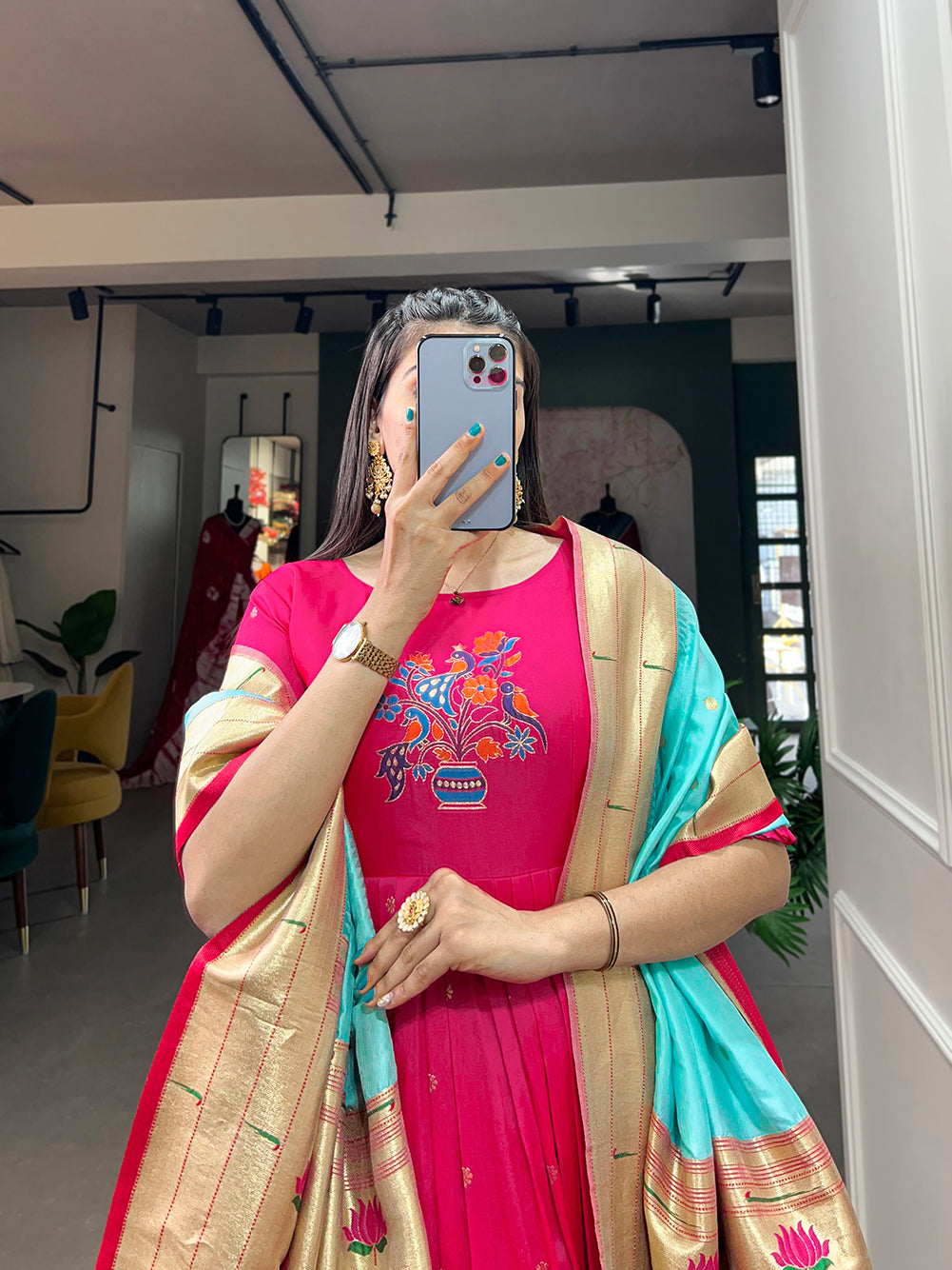 Woven with threads of tradition and dreams, the Jacquard silk Paithani dress embodies timeless elegance