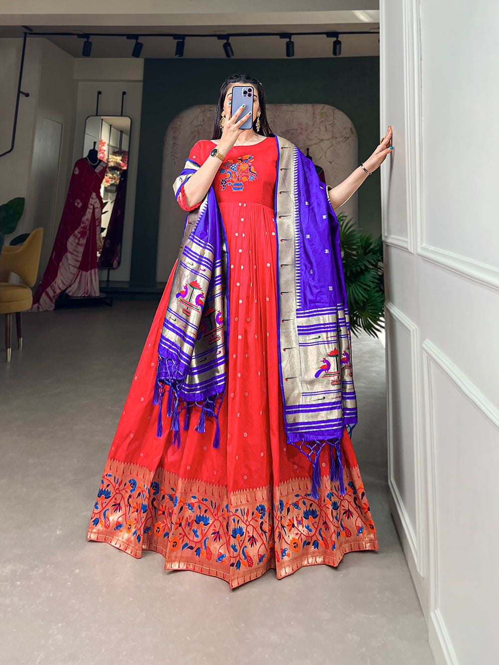 Woven with threads of tradition and dreams, the Jacquard silk Paithani dress embodies timeless elegance