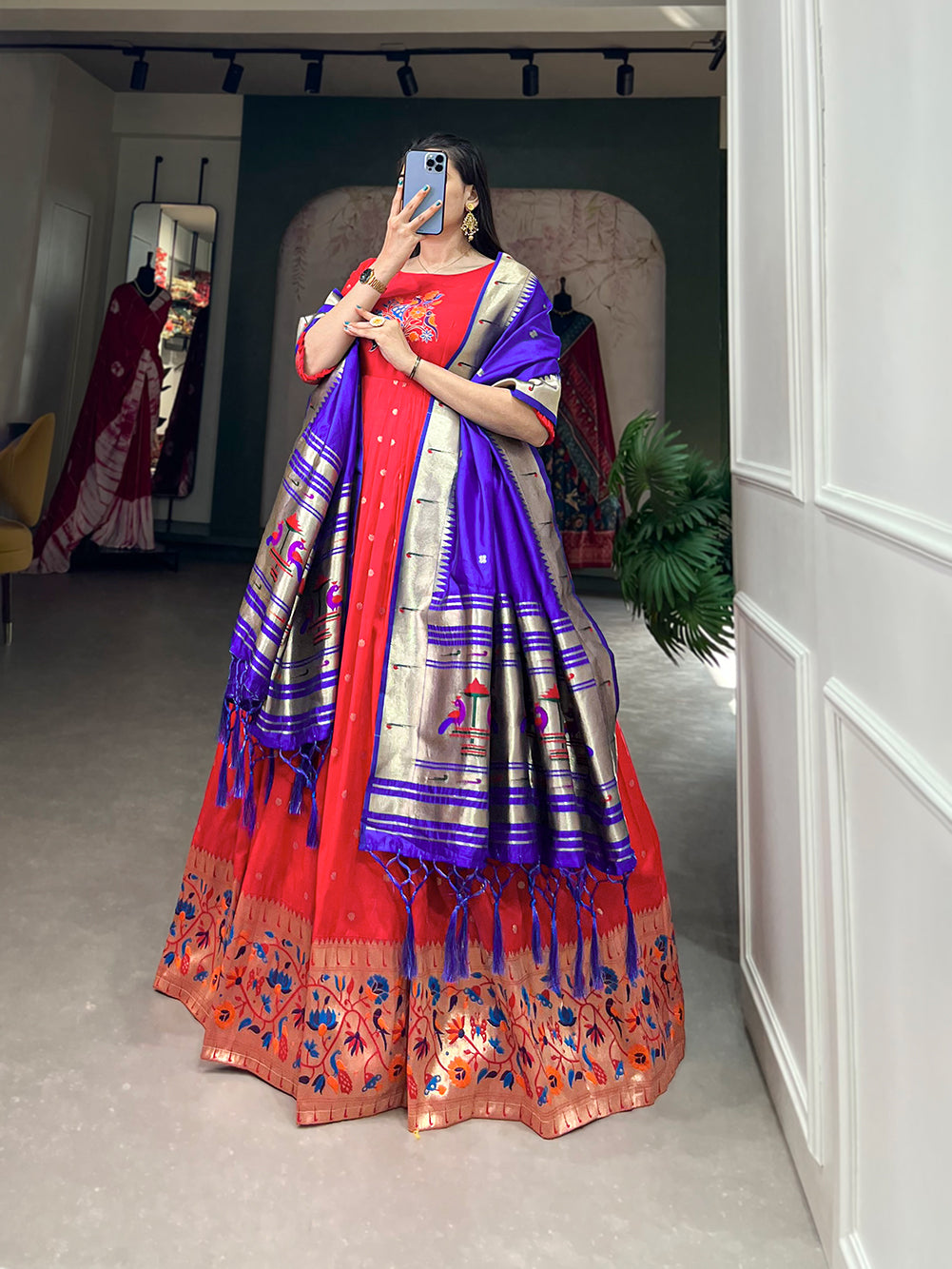 Woven with threads of tradition and dreams, the Jacquard silk Paithani dress embodies timeless elegance