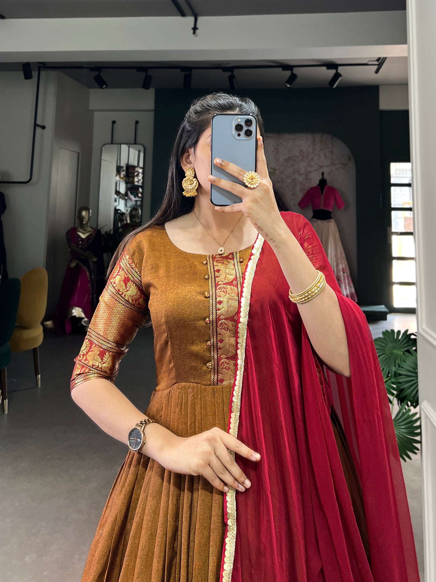 Have your self this traditional narayanpet gown to give your function more ethnic vibe