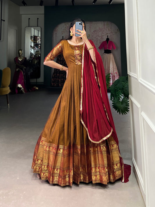 Have your self this traditional narayanpet gown to give your function more ethnic vibe