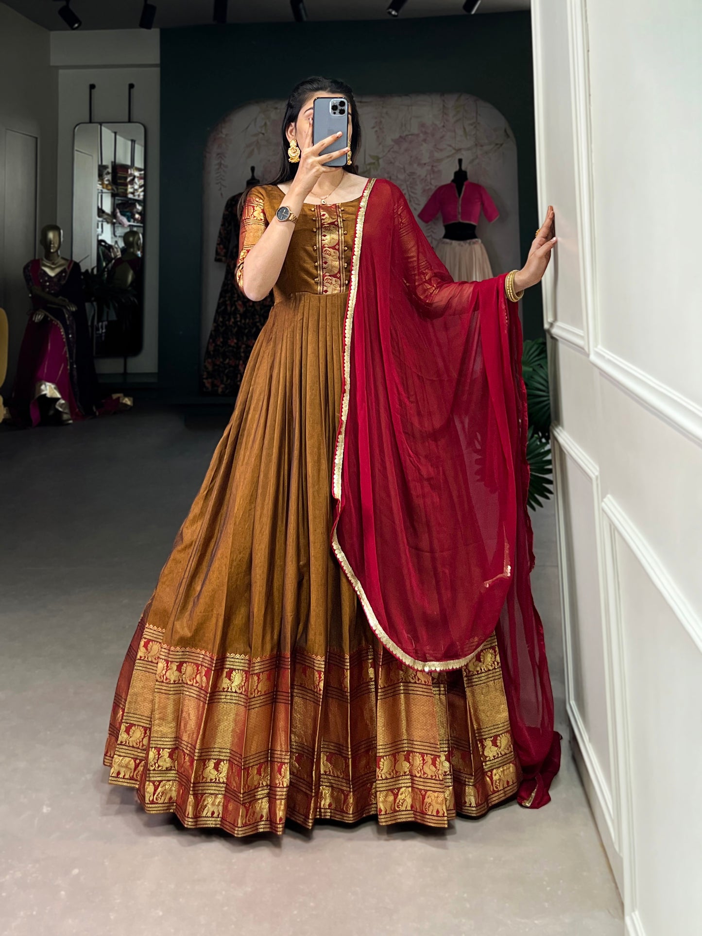 Have your self this traditional narayanpet gown to give your function more ethnic vibe
